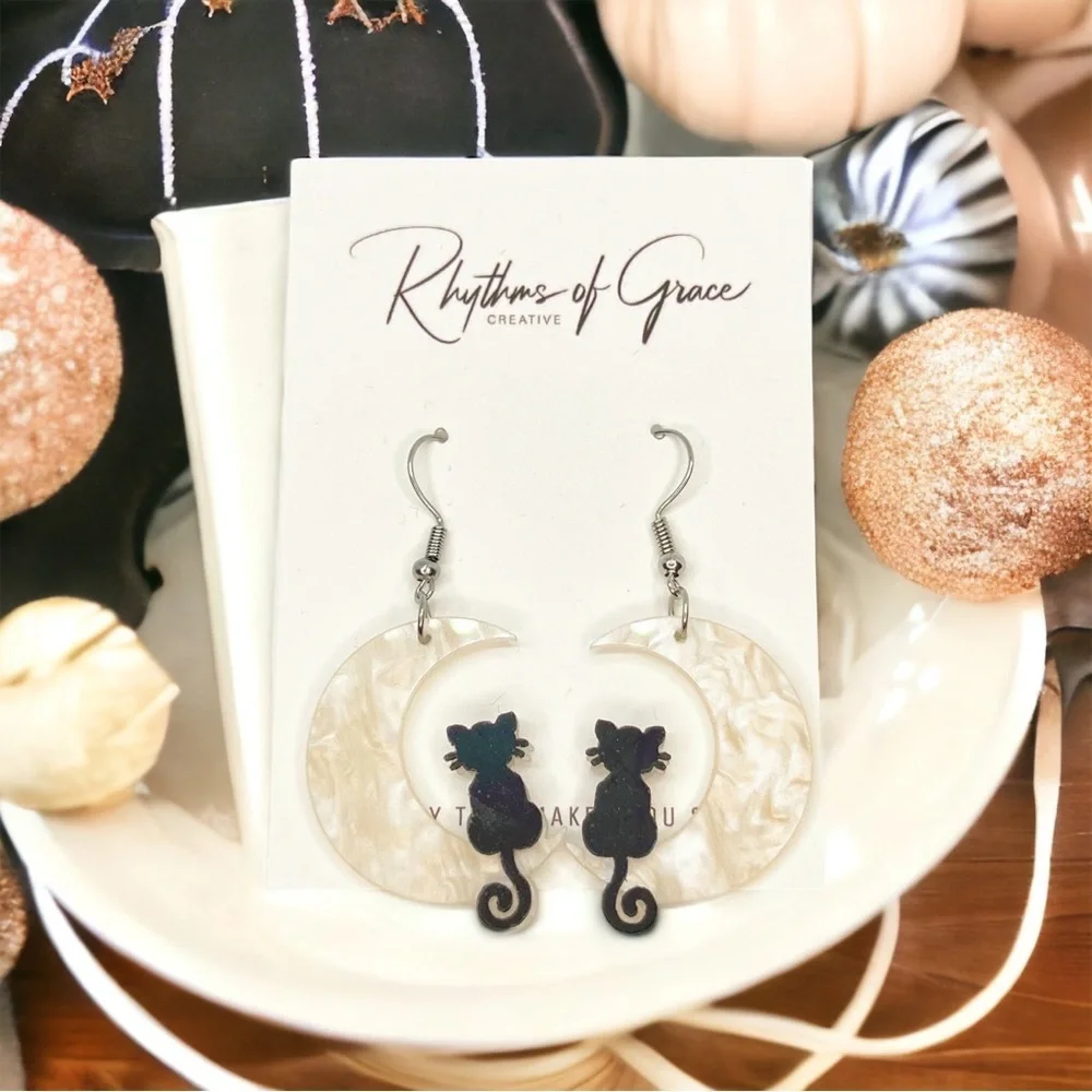 Bewitching Black Cat & Moon Earrings – Enchant Your Halloween Style! NWT Jewelry